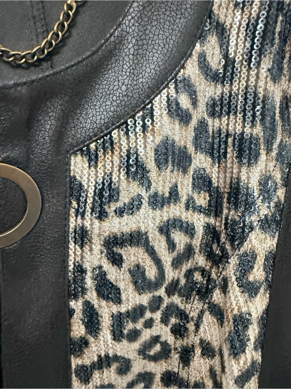 Insight Black Leather Jacket with Leopard Sequin Panel